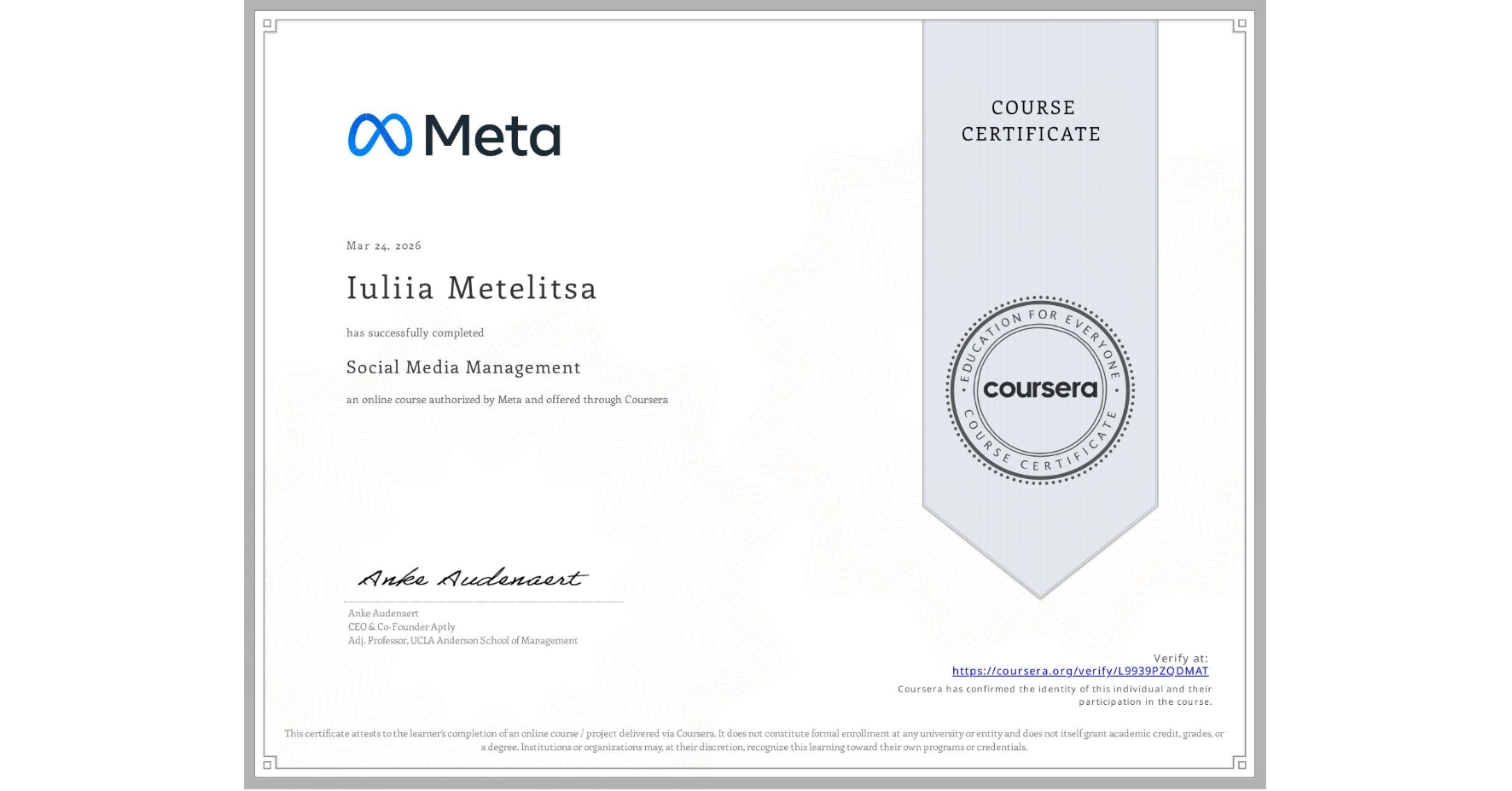 Meta Social Media Management course certificate — Iuliia Metelitsa